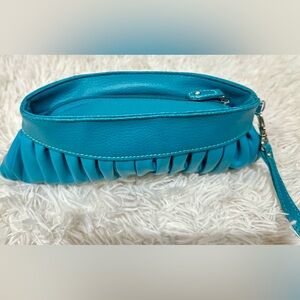 Candies small teal faux leather pleated convertible clutch bag w/purple lining